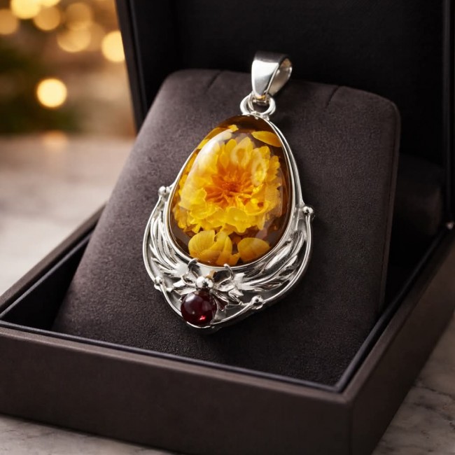REAL ART! SUMMER Wild Sunflowers Fabulous - carved GENUINE Baltic Amber Sterling Silver handmade Pendant - Close-up of sunflower pendant in ornate silver setting with red gem.