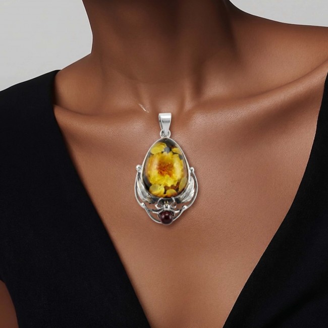 REAL ART! SUMMER Wild Sunflowers Fabulous - carved GENUINE Baltic Amber Sterling Silver handmade Pendant - Pendant with sunflowers design worn on the neck, front view.