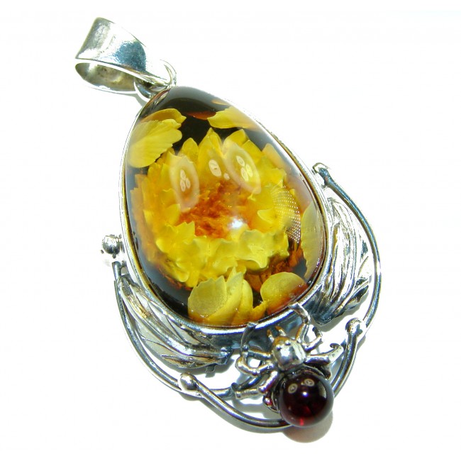 REAL ART! SUMMER Wild Sunflowers Fabulous - carved GENUINE Baltic Amber Sterling Silver handmade Pendant - Pendant with carved sunflower and spider detail, close-up view.