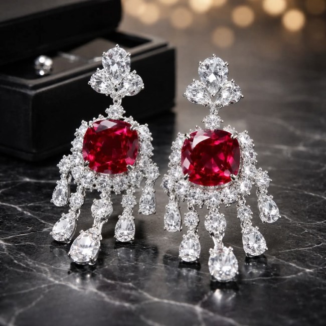 Anna Maria- authentic 6.5 carat Ruby .925 Sterling Silver dipped in rhodium handcrafted Statement Earrings - Close-up of Anna Maria ruby and sterling silver earrings on display.