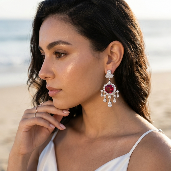 Anna Maria- authentic 6.5 carat Ruby .925 Sterling Silver dipped in rhodium handcrafted Statement Earrings - Side view of Anna Maria 6.5 carat ruby earrings worn on model