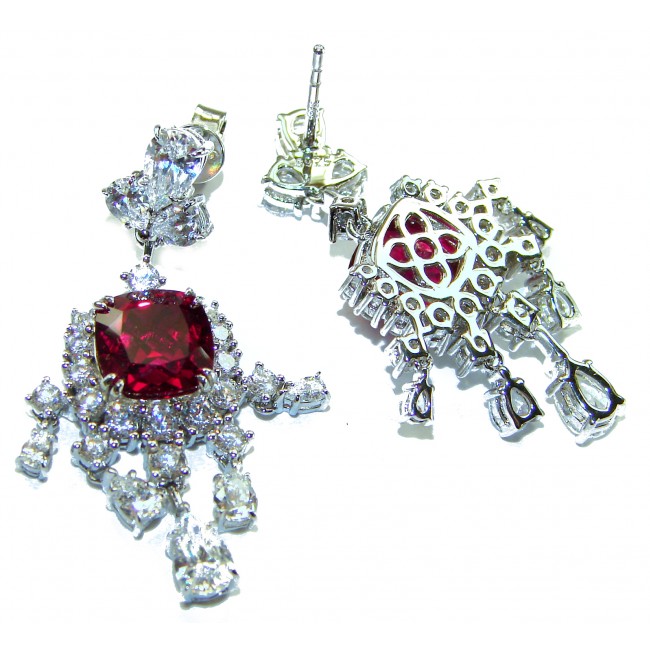 Anna Maria- authentic 6.5 carat Ruby .925 Sterling Silver dipped in rhodium handcrafted Statement Earrings - Close-up of Anna Maria ruby earrings in sterling silver, front and back view.
