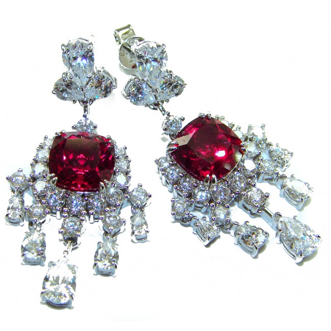 Anna Maria- authentic 6.5 carat Ruby .925 Sterling Silver dipped in rhodium handcrafted Statement Earrings - Close-up of Anna Maria ruby and sterling silver earrings.