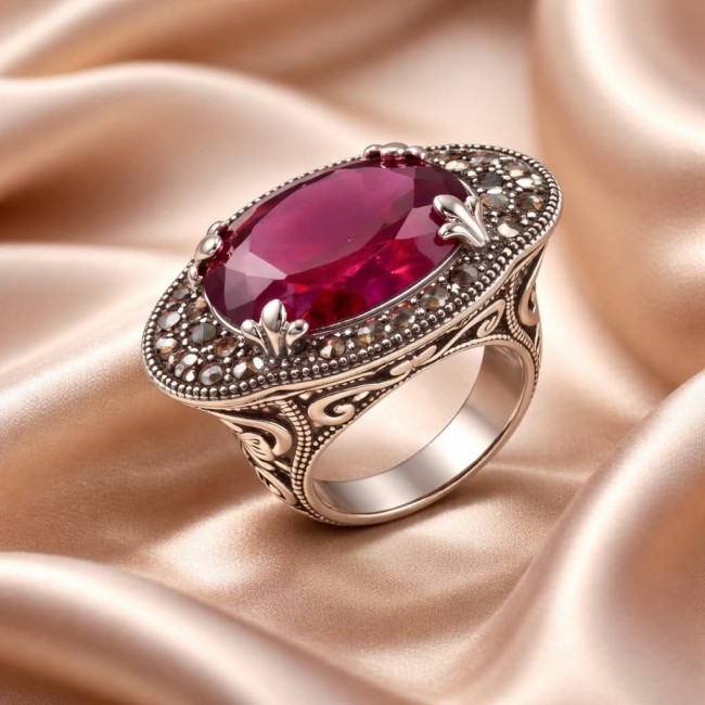 Red Power Authentic 25.4 carat Garnet .925 Sterling Silver brilliantly handcrafted large Statement Ring size 7 - Red garnet ring, side view, ornate sterling silver setting on satin.