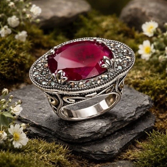 Red Power Authentic 25.4 carat Garnet .925 Sterling Silver brilliantly handcrafted large Statement Ring size 7 - Close-up of Red Power 25.4 ct Garnet Ring in .925 Sterling Silver.