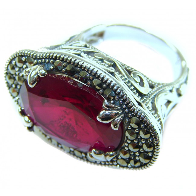 Red Power Authentic 25.4 carat Garnet .925 Sterling Silver brilliantly handcrafted large Statement Ring size 7 - Close-up of Red Power 25.4 carat Garnet in ornate silver setting.