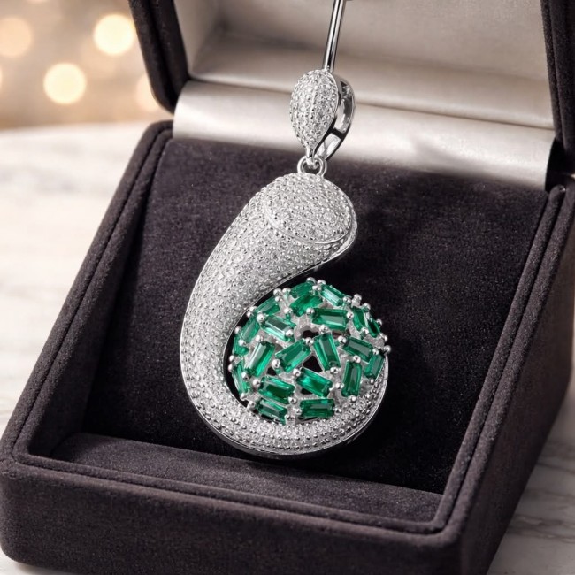 Amazonia - 15.8 carat Colombian Emerald .925 Sterling Silver handmade Statement pendant - Emerald pendant detail view in black jewelry box.