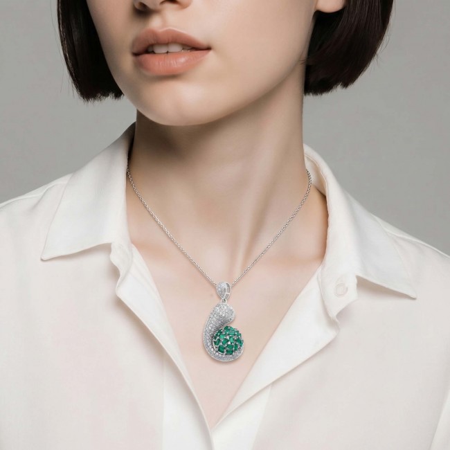 Amazonia - 15.8 carat Colombian Emerald .925 Sterling Silver handmade Statement pendant - Necklace worn, showcasing Amazonia Colombian Emerald pendant.