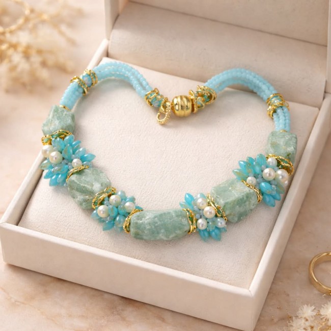 Authentic rough Aquamarine .925 Sterling Silver 114.2 grams handmade Bohemian Style necklace - Aquamarine necklace side view in jewelry box with gold accents