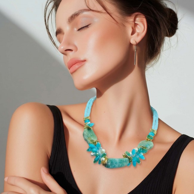 Authentic rough Aquamarine .925 Sterling Silver 114.2 grams handmade Bohemian Style necklace - Woman wearing aquamarine necklace, side view, with closed eyes