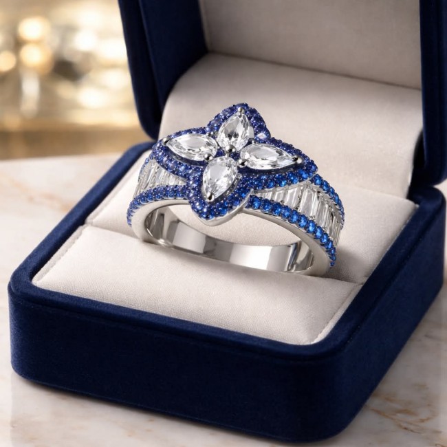 Art deco - Born to Glam 10.2 carat natural Sapphire .925 Sterling Silver Perfectly handcrafted Ring s. 6 - Front view of Art Deco Born to Glam Sapphire ring in box
