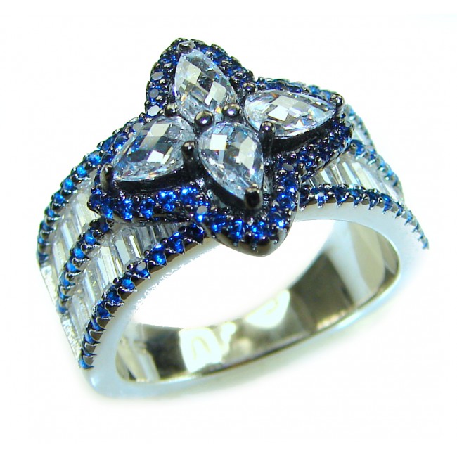 Art deco - Born to Glam 10.2 carat natural Sapphire .925 Sterling Silver Perfectly handcrafted Ring s. 6 - Close-up of Art Deco sapphire ring, top view, "Born to Glam" design.