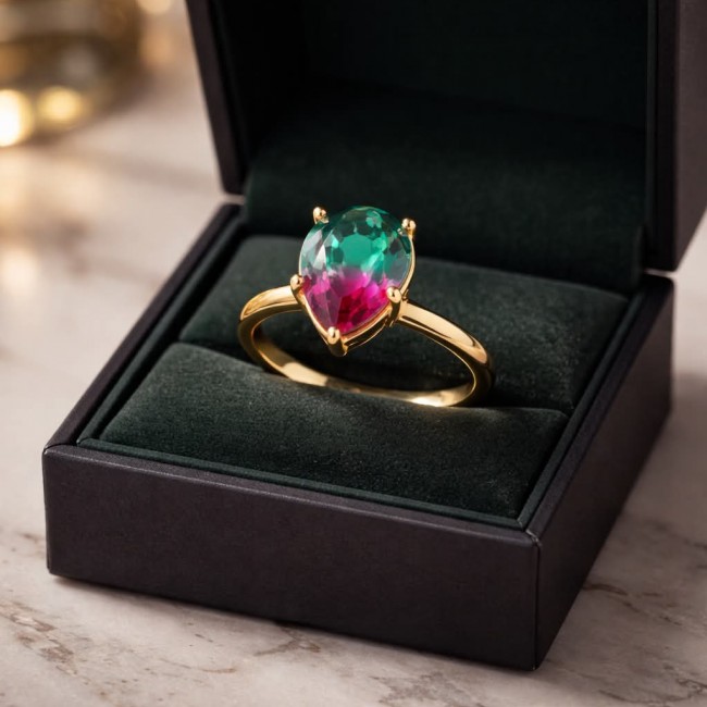 6.8 carat Brazilian Tourmaline .925 Sterling Silver dipped in 18K Gold Perfectly handcrafted Ring s. 9 adjustable - Gold ring with 6.8 carat Brazilian Tourmaline in an open box, top view.
