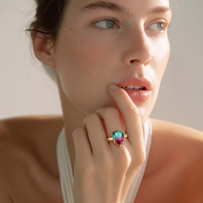6.8 carat Brazilian Tourmaline .925 Sterling Silver dipped in 18K Gold Perfectly handcrafted Ring s. 9 adjustable - Woman wearing Brazilian Tourmaline ring, close-up of hand and stone.