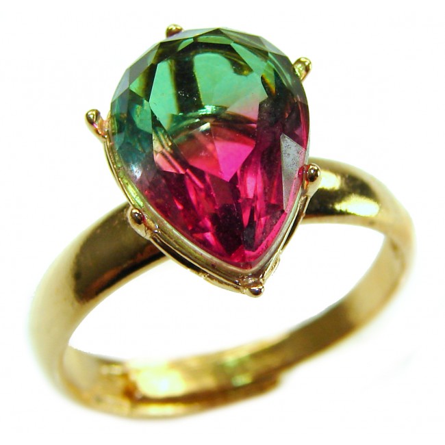 6.8 carat Brazilian Tourmaline .925 Sterling Silver dipped in 18K Gold Perfectly handcrafted Ring s. 9 adjustable - Tourmaline ring, stone close-up, pear shape, set in gold band.