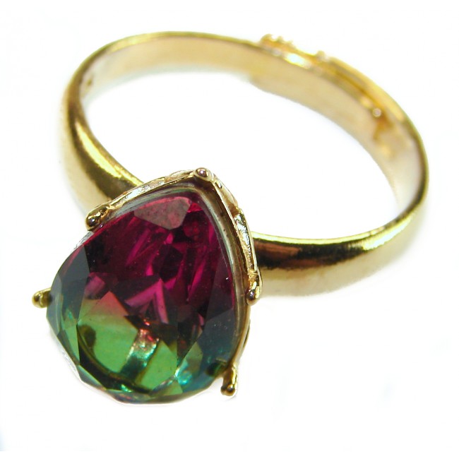 6.8 carat Brazilian Tourmaline .925 Sterling Silver dipped in 18K Gold Perfectly handcrafted Ring s. 9 adjustable - Close-up of Brazilian tourmaline ring with a gold band.