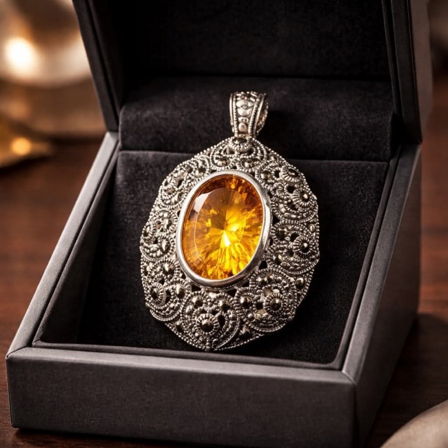 Emily Luxury genuine 10.5 CARAT Golden Topaz .925 Sterling Silver handmade Pendant - Golden topaz pendant in ornate silver setting, close-up in black box.