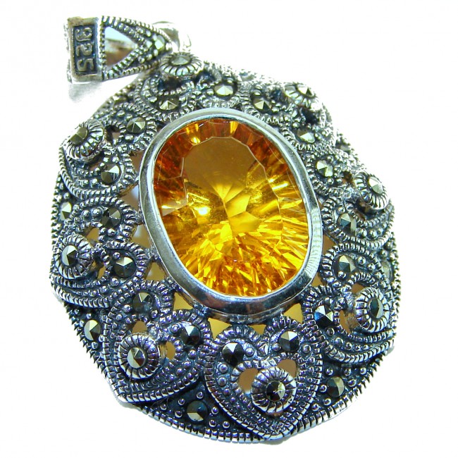 Emily Luxury genuine 10.5 CARAT Golden Topaz .925 Sterling Silver handmade Pendant - Golden Topaz pendant front view, intricate silver setting detail.