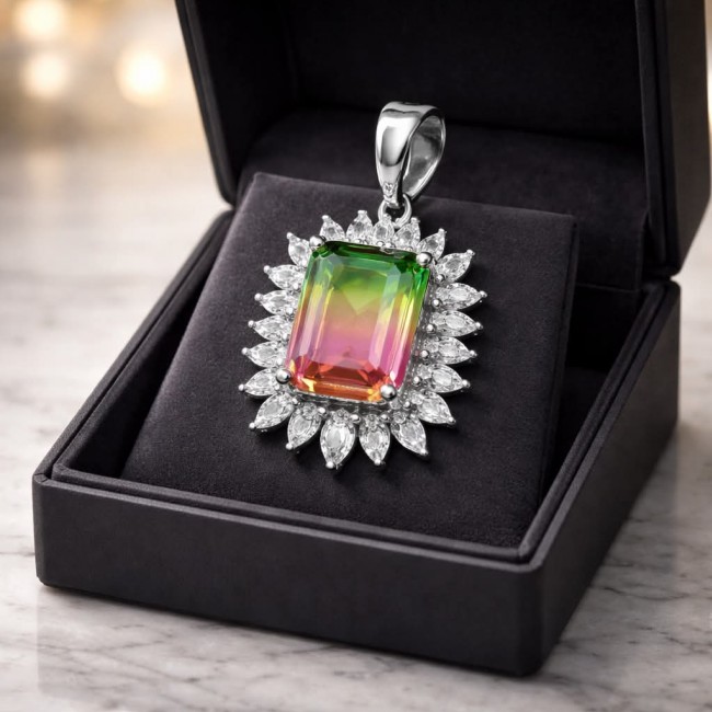 Isabella 6.2 carat emerald cut Brazilian Tourmaline .925 Sterling Silver Perfectly handcrafted pendant - Rectangular tourmaline pendant with diamond halo on display in box
