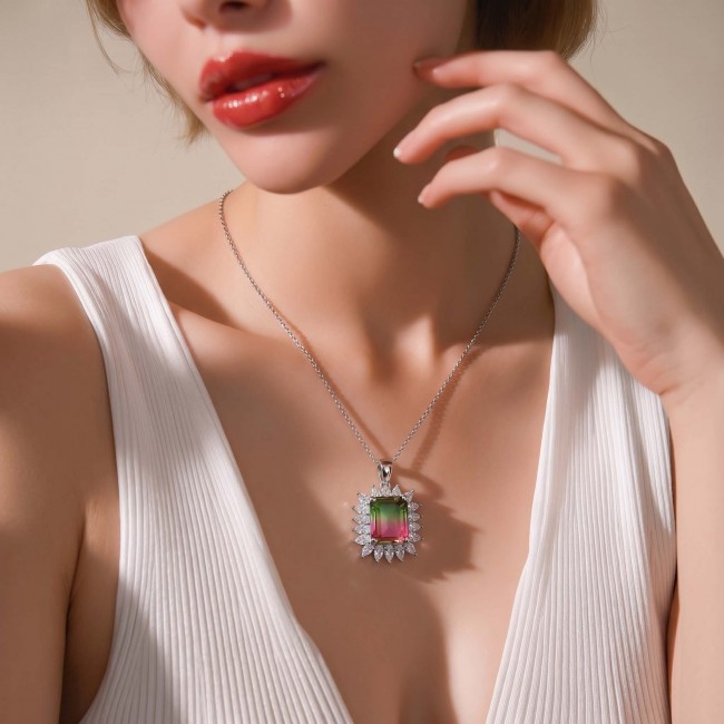 Isabella 6.2 carat emerald cut Brazilian Tourmaline .925 Sterling Silver Perfectly handcrafted pendant - Emerald cut Brazilian Tourmaline pendant worn on neck, front view.