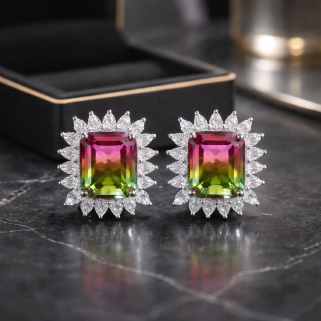 Isabella 8.2 carat emerald cut Brazilian Tourmaline .925 Sterling Silver Perfectly handcrafted earrings - Close-up front view of emerald cut Brazilian tourmaline earrings.