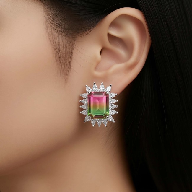 Isabella 8.2 carat emerald cut Brazilian Tourmaline .925 Sterling Silver Perfectly handcrafted earrings - Emerald cut tourmaline earring worn on ear, side view.