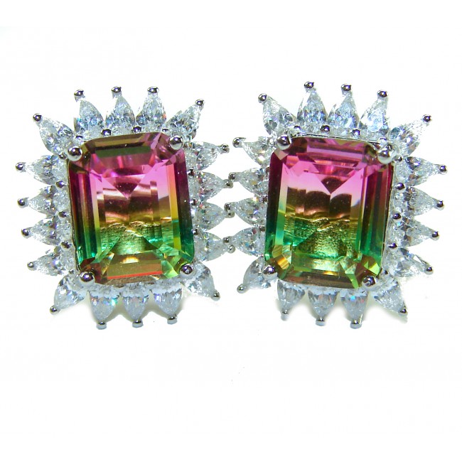 Isabella 8.2 carat emerald cut Brazilian Tourmaline .925 Sterling Silver Perfectly handcrafted earrings - Tourmaline earrings front view, emerald cut with diamond halo.