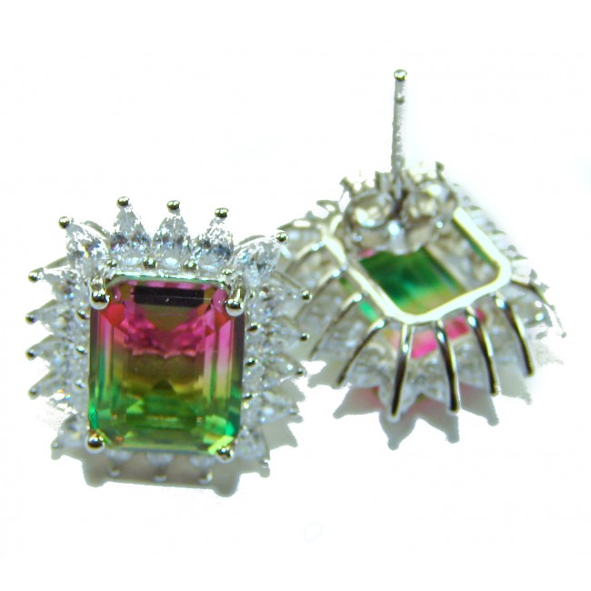Isabella 8.2 carat emerald cut Brazilian Tourmaline .925 Sterling Silver Perfectly handcrafted earrings - Front and back view of emerald cut tourmaline earrings in silver setting.