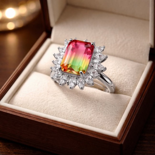 Isabella 5.2 carat emerald cut Brazilian Tourmaline .925 Sterling Silver Perfectly handcrafted Statement Ring size 8 - Close-up of Isabella 5.2 carat emerald cut Brazilian Tourmaline ring
