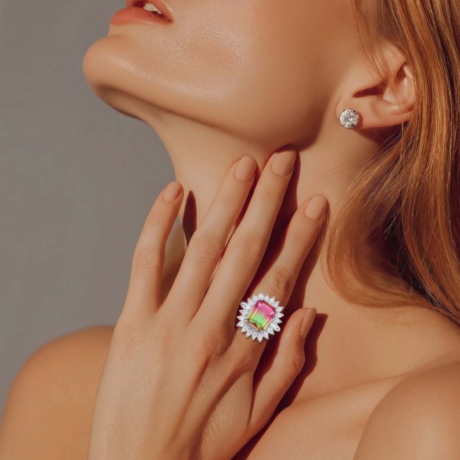 Isabella 5.2 carat emerald cut Brazilian Tourmaline .925 Sterling Silver Perfectly handcrafted Statement Ring size 8 - Woman wearing emerald cut tourmaline ring and stud earring