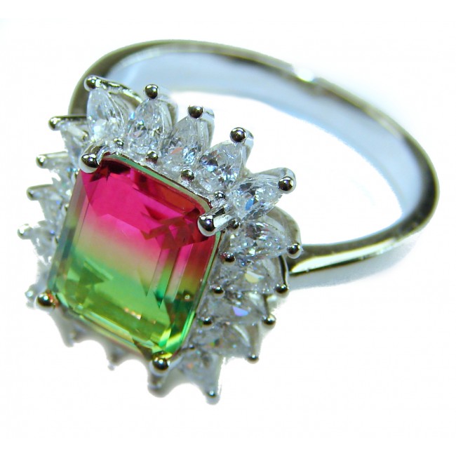 Isabella 5.2 carat emerald cut Brazilian Tourmaline .925 Sterling Silver Perfectly handcrafted Statement Ring size 8 - Close-up of emerald cut Brazilian tourmaline ring with sparkling accents.