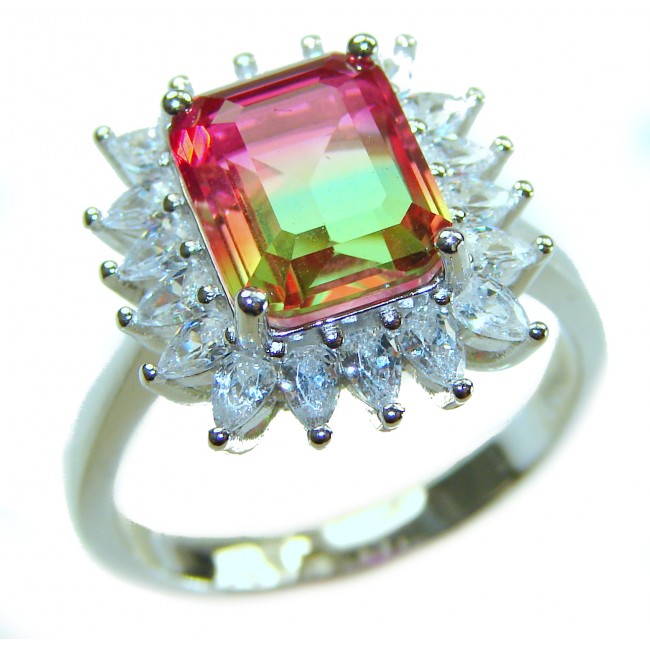 Isabella 5.2 carat emerald cut Brazilian Tourmaline .925 Sterling Silver Perfectly handcrafted Statement Ring size 8 - Emerald cut tourmaline ring with diamond halo, top view.