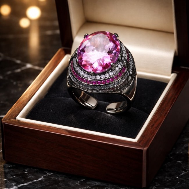 Anastasia 10.2 carat Pink Sapphire black rhodium over .925 Sterling Silver Handcrafted Statement Ring size 7 adjustable - Pink Sapphire ring in box, top view, black rhodium over .925 silver.