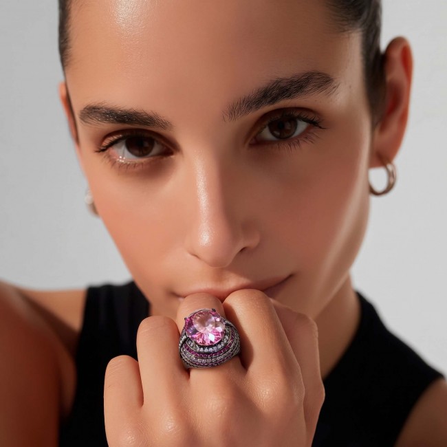 Anastasia 10.2 carat Pink Sapphire black rhodium over .925 Sterling Silver Handcrafted Statement Ring size 7 adjustable - Close-up of pink sapphire ring worn on hand.