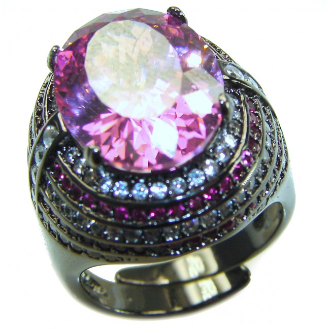 Anastasia 10.2 carat Pink Sapphire black rhodium over .925 Sterling Silver Handcrafted Statement Ring size 7 adjustable - Close-up of Anastasia 10.2 carat pink sapphire ring in black rhodium.