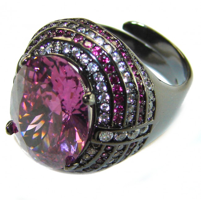 Anastasia 10.2 carat Pink Sapphire black rhodium over .925 Sterling Silver Handcrafted Statement Ring size 7 adjustable - Pink Sapphire ring, side view, black rhodium over .925 silver.