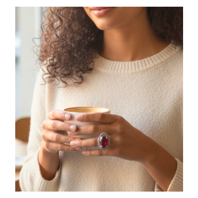 Red Power Authentic 25.4 carat Garnet .925 Sterling Silver brilliantly handcrafted large Statement Ring size 7 - Garnet ring worn on hand while holding a cup.