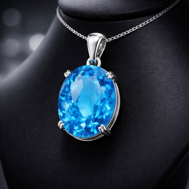 Vintage style 20.8 carat Swiss Blue Topaz .925 Sterling Silver DIPPED IN RHODIUM handmade Pendant - Close-up of Swiss Blue Topaz pendant on a sterling silver chain.