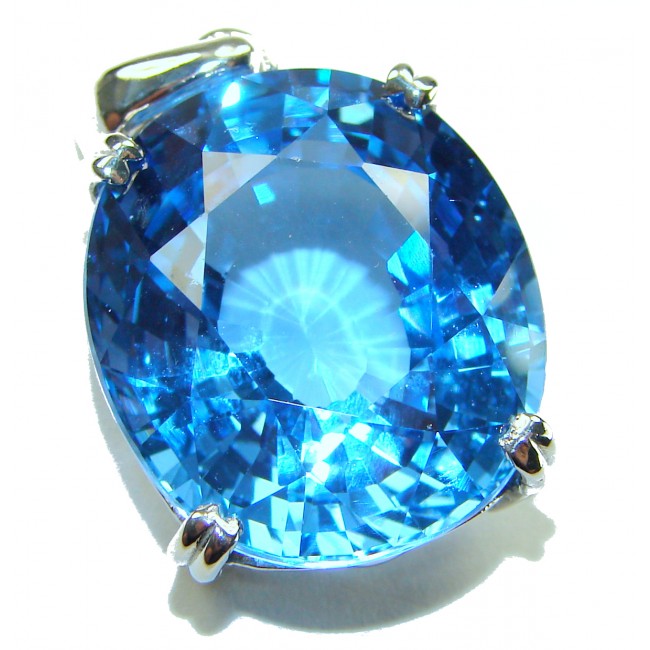 Vintage style 20.8 carat Swiss Blue Topaz .925 Sterling Silver DIPPED IN RHODIUM handmade Pendant - Close-up of vintage style Swiss Blue Topaz in sterling silver setting.