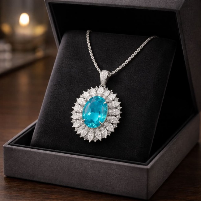 Wonderland 18.5 carat fancy oval cut Paraiba Tourmaline .925 Sterling Silver Handcrafted Statement necklace - Paraiba tourmaline necklace in black box, front view.