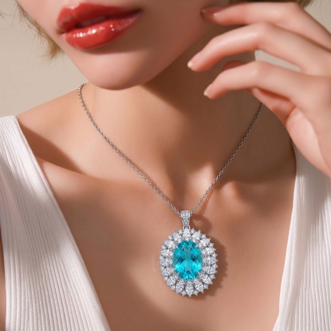 Wonderland 18.5 carat fancy oval cut Paraiba Tourmaline .925 Sterling Silver Handcrafted Statement necklace - Paraiba Tourmaline necklace, frontal view, worn around neck.