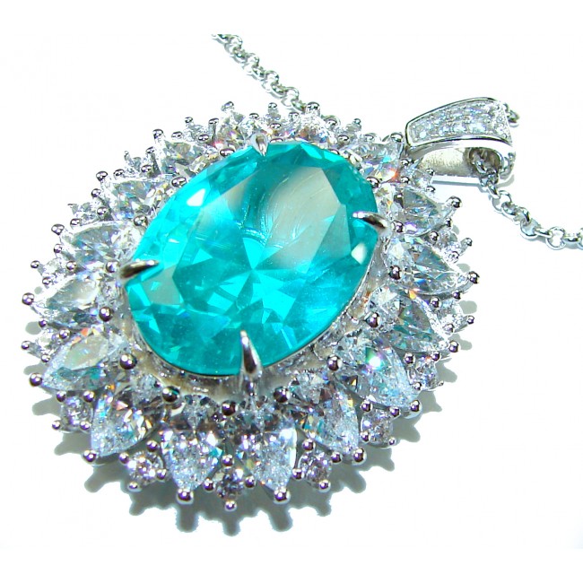 Wonderland 18.5 carat fancy oval cut Paraiba Tourmaline .925 Sterling Silver Handcrafted Statement necklace - Close-up of Wonderland 18.5 carat oval Paraiba Tourmaline pendant