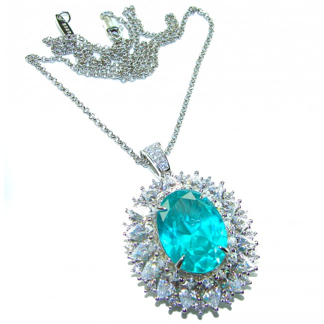 Wonderland 18.5 carat fancy oval cut Paraiba Tourmaline .925 Sterling Silver Handcrafted Statement necklace - Paraiba Tourmaline necklace with diamond halo, top view.