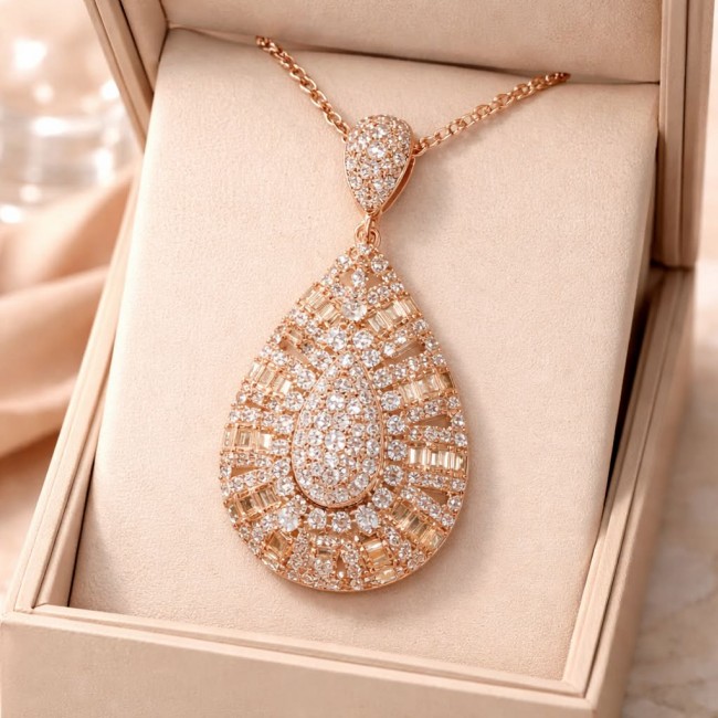 Luxurious pave 5.2 carat White Topaz .925 Sterling Silver dipped in 18K Rose Gold handmade Pendant - Teardrop pendant, pave white topaz, front view, in box.
