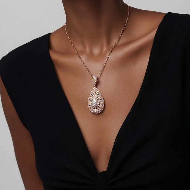 Luxurious pave 5.2 carat White Topaz .925 Sterling Silver dipped in 18K Rose Gold handmade Pendant - Necklace worn showing teardrop pendant with white topaz stones.