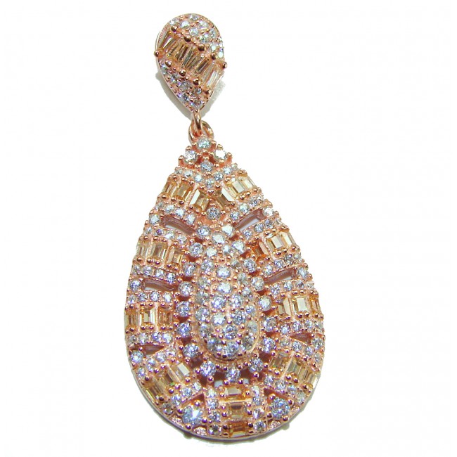 Luxurious pave 5.2 carat White Topaz .925 Sterling Silver dipped in 18K Rose Gold handmade Pendant - Teardrop earring, close-up of white topaz and sterling silver details.