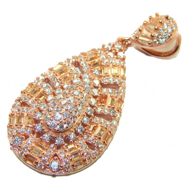 Luxurious pave 5.2 carat White Topaz .925 Sterling Silver dipped in 18K Rose Gold handmade Pendant - Close-up of luxurious pavé white topaz pendant, intricate detailing.