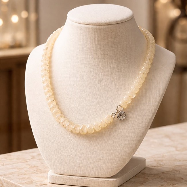 Victoria Authentic 228.5 carat Brazilian Citrine .925 Sterling Silver brilliantly handcrafted Statement necklace - Brazilian Citrine necklace displayed on a stand, front view.