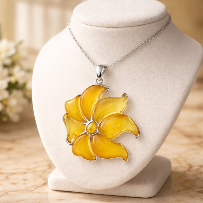 Golden Wild Lotus Natural Butterscotch Baltic Polish Amber .925 Sterling Silver dipped in rhodium handcrafted Pendant - Golden lotus amber pendant on display bust, front view