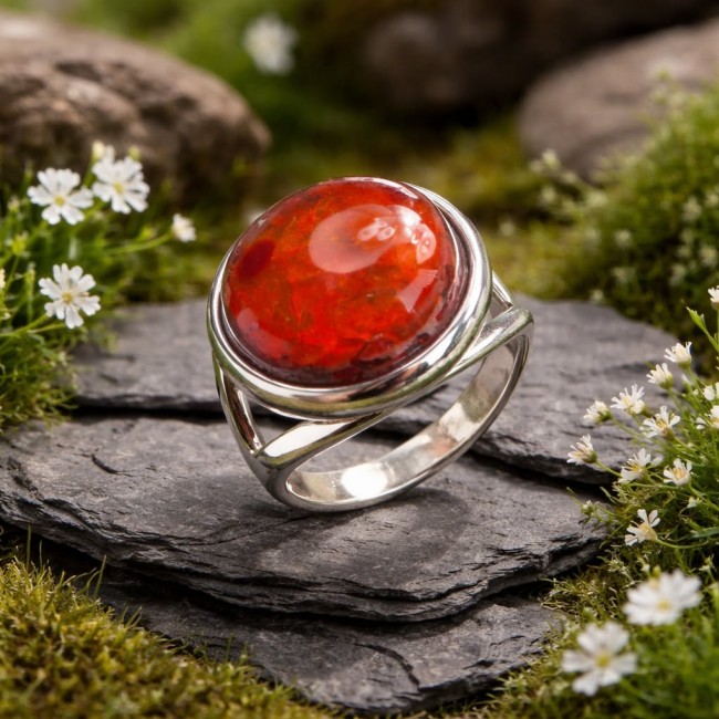 Queen of Fire best quality 11.4 carat Mexican Opal .925 Sterling Silver handmade ring 6 - Mexican Opal ring on stone background, side view.